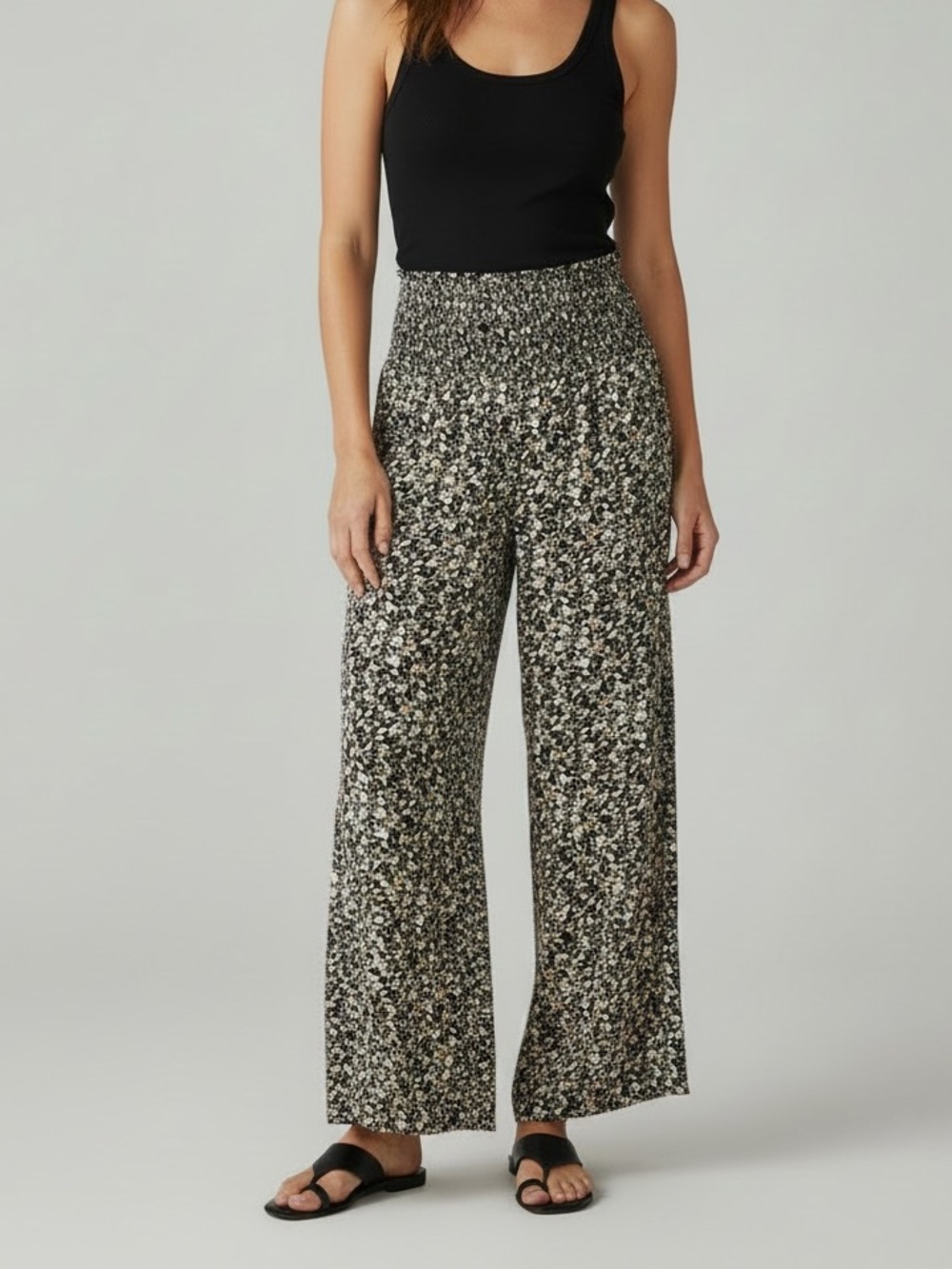 Kohl's Black and Cream Floral Smocked-Waist Wide Leg Pants